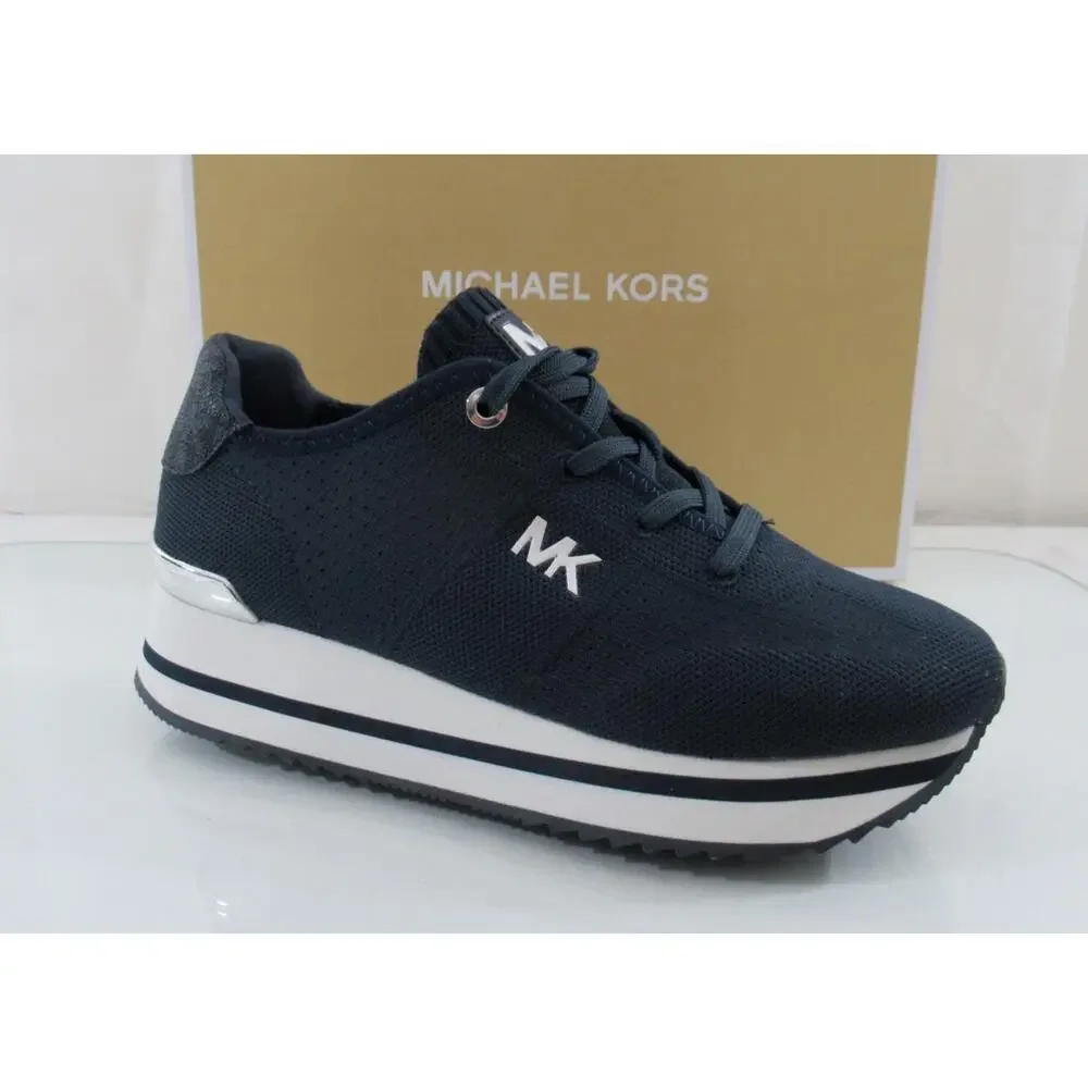 Michael Kors Monique Trainer Lace Up Sneakers MK Logo Stretch Knit Navy Size 7.5 - Picture 2 of 7
